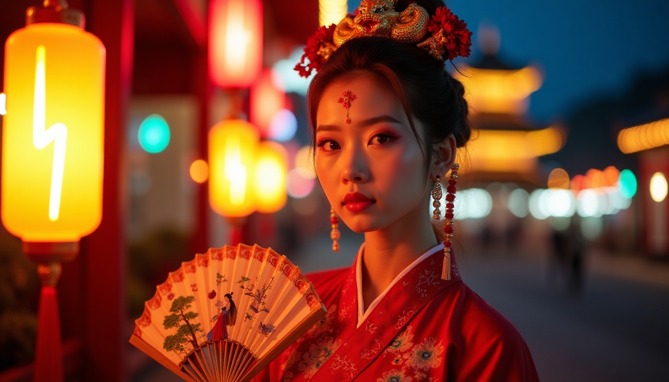 Young woman in red Hanfu, intricate embroidery. Impeccable makeup, red floral forehead pattern. Elaborate high bun, golden phoenix headdress, red flowers, beads. Holds round folding fan with lady, trees, bird. Neon lightning-bolt lamp, bright yellow glow, above extended left palm. Soft-lit outdoor night background, silhouetted tiered pagoda, blurred colorful distant lights.