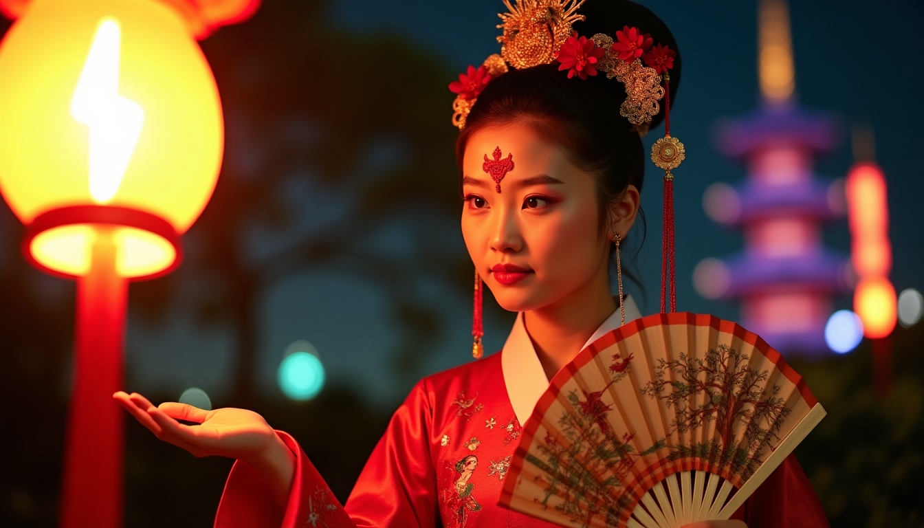 Young woman in red Hanfu, intricate embroidery. Impeccable makeup, red floral forehead pattern. Elaborate high bun, golden phoenix headdress, red flowers, beads. Holds round folding fan with lady, trees, bird. Neon lightning-bolt lamp, bright yellow glow, above extended left palm. Soft-lit outdoor night background, silhouetted tiered pagoda, blurred colorful distant lights.