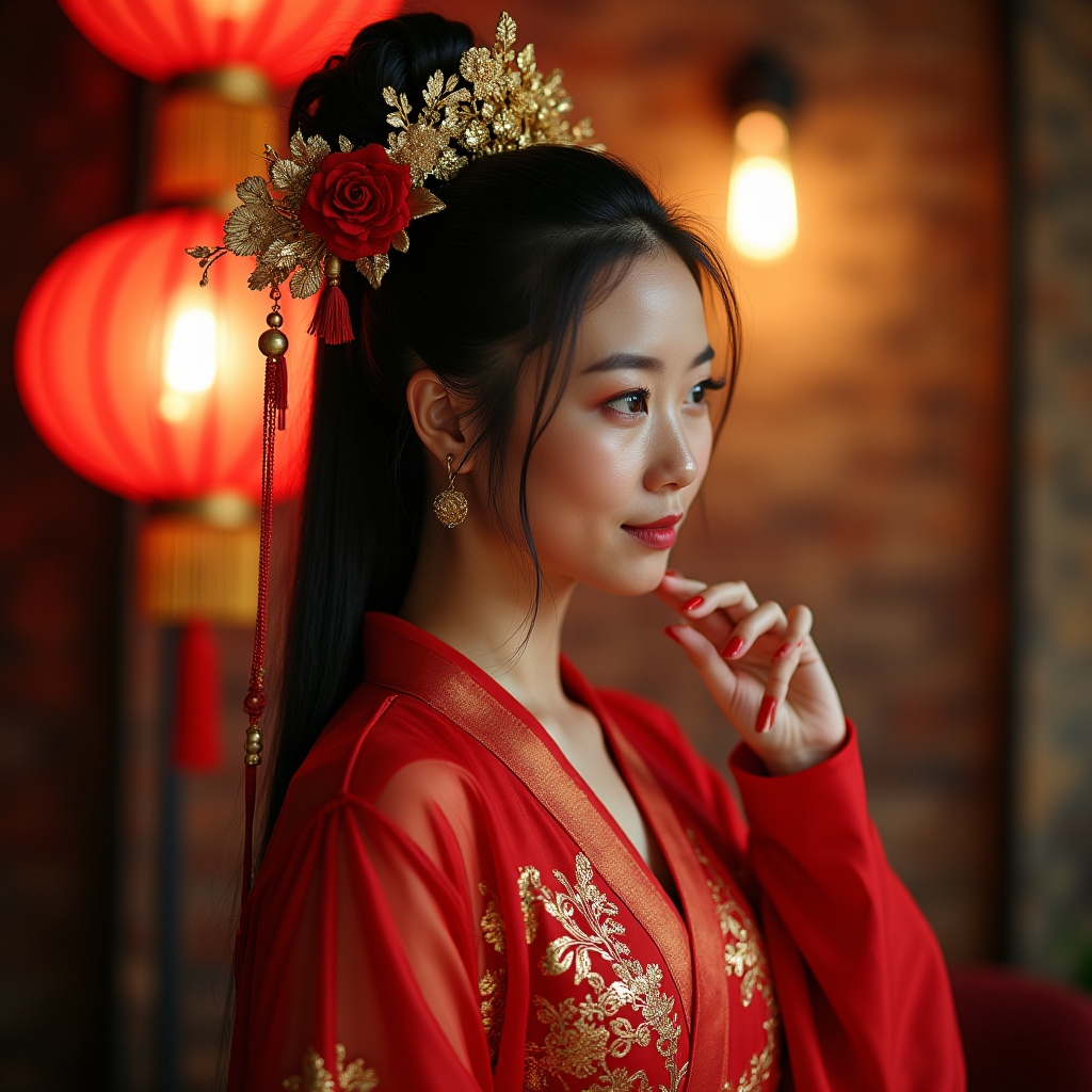 Seorang wanita muda mengenakan Hanfu merah, dengan sulaman yang rumit. Riasan wajah yang sempurna, pola bunga merah di dahi. Sanggul tinggi yang rumit, hiasan kepala phoenix emas, bunga merah, dan manik-manik. Memegang kipas lipat bundar dengan gambar wanita, pohon, dan burung. Lampu kilat neon, cahaya kuning terang, di atas telapak tangan kiri yang terulur. Latar belakang malam di luar ruangan yang diterangi cahaya lembut, siluet pagoda bertingkat, dan cahaya warna-warni yang kabur di kejauhan.