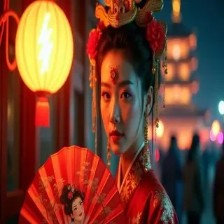 Young woman in red Hanfu, intricate embroidery. Impeccable makeup, red floral forehead pattern. Elaborate high bun, golden phoenix headdress, red flowers, beads. Holds round folding fan with lady, trees, bird. Neon lightning-bolt lamp, bright yellow glow, above extended left palm. Soft-lit outdoor night background, silhouetted tiered pagoda, blurred colorful distant lights.