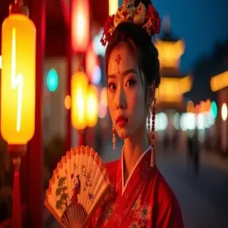Young woman in red Hanfu, intricate embroidery. Impeccable makeup, red floral forehead pattern. Elaborate high bun, golden phoenix headdress, red flowers, beads. Holds round folding fan with lady, trees, bird. Neon lightning-bolt lamp, bright yellow glow, above extended left palm. Soft-lit outdoor night background, silhouetted tiered pagoda, blurred colorful distant lights.