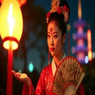 Young woman in red Hanfu, intricate embroidery. Impeccable makeup, red floral forehead pattern. Elaborate high bun, golden phoenix headdress, red flowers, beads. Holds round folding fan with lady, trees, bird. Neon lightning-bolt lamp, bright yellow glow, above extended left palm. Soft-lit outdoor night background, silhouetted tiered pagoda, blurred colorful distant lights.