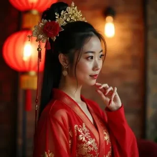 Seorang wanita muda mengenakan Hanfu merah, dengan sulaman yang rumit. Riasan wajah yang sempurna, pola bunga merah di dahi. Sanggul tinggi yang rumit, hiasan kepala phoenix emas, bunga merah, dan manik-manik. Memegang kipas lipat bundar dengan gambar wanita, pohon, dan burung. Lampu kilat neon, cahaya kuning terang, di atas telapak tangan kiri yang terulur. Latar belakang malam di luar ruangan yang diterangi cahaya lembut, siluet pagoda bertingkat, dan cahaya warna-warni yang kabur di kejauhan.